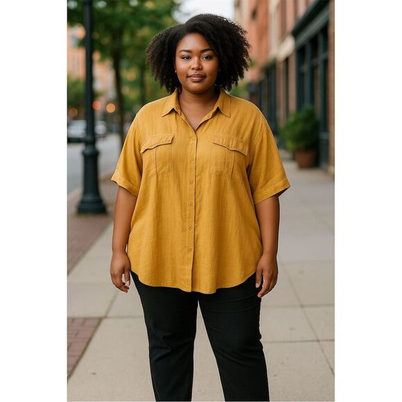Davi & Dani Women's 3XL Gold Button-Up Shirt Short Sleeve Relaxed Fit - Picture 1 of 7